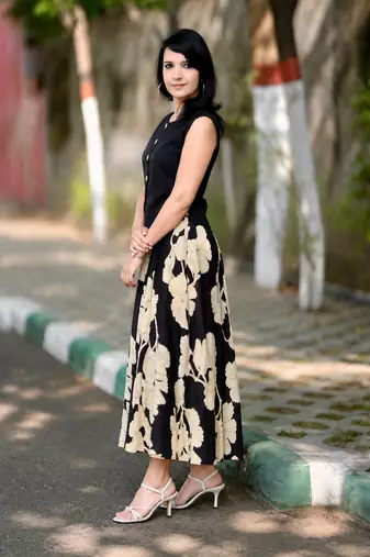 Premium black printed jaipuri cotton skirt and top set with beautiful button