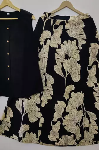 Premium black printed jaipuri cotton skirt and top set with beautiful button