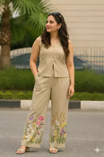 Beautiful beize cord set with embroidredpant