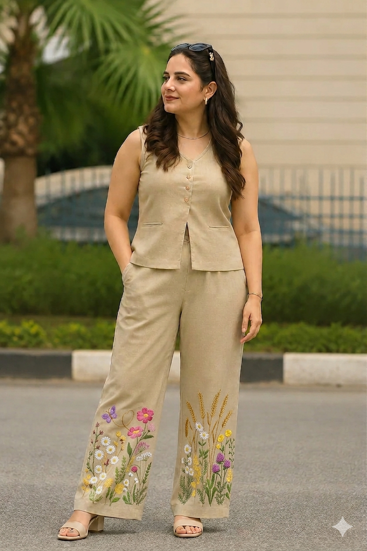 Beautiful beize cord set with embroidredpant