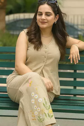 Beautiful beize cord set with embroidredpant