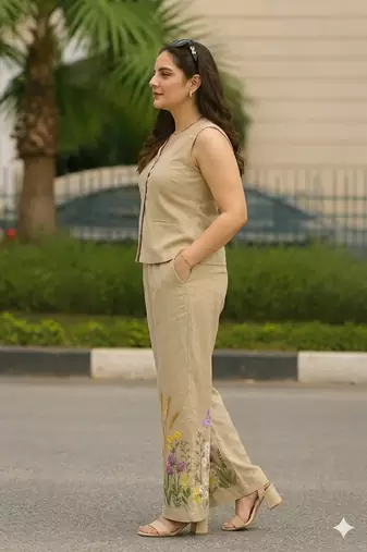 Beautiful beize cord set with embroidredpant
