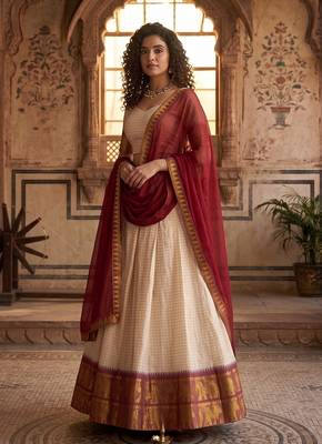 Elegance Creame Red Chex with Zari Weaving Work Poli Cotton Indian Designer Wedding Lehenga Choli 1