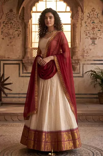 Elegance Creame Red Chex with Zari Weaving Work Poli Cotton Indian Designer Wedding Lehenga Choli