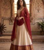 Elegance Creame Red Chex with Zari Weaving Work Poli Cotton Indian Designer Wedding Lehenga Choli