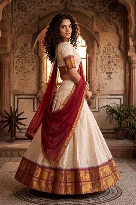 Elegance Creame Red Chex with Zari Weaving Work Poli Cotton Indian Designer Wedding Lehenga Choli 2