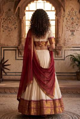 Elegance Creame Red Chex with Zari Weaving Work Poli Cotton Indian Designer Wedding Lehenga Choli 3
