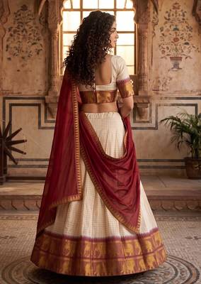 Elegance Creame Red Chex with Zari Weaving Work Poli Cotton Indian Designer Wedding Lehenga Choli 4