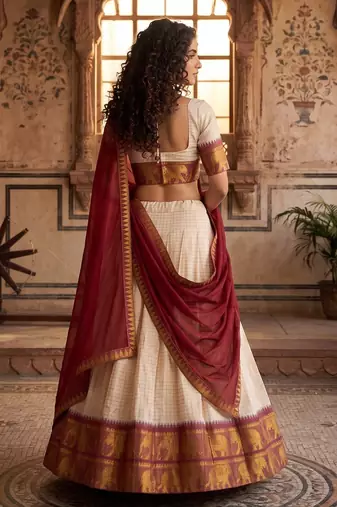 Elegance Creame Red Chex with Zari Weaving Work Poli Cotton Indian Designer Wedding Lehenga Choli