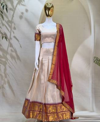 Elegance Creame Red Chex with Zari Weaving Work Poli Cotton Indian Designer Wedding Lehenga Choli 5