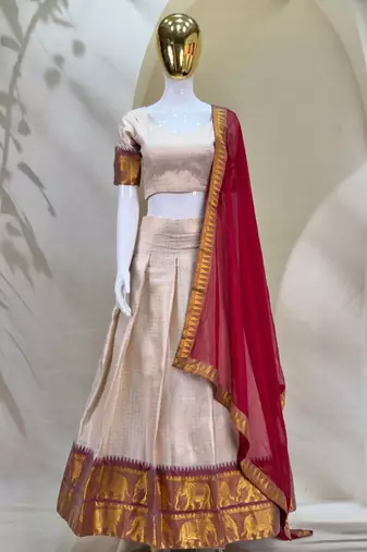 Elegance Creame Red Chex with Zari Weaving Work Poli Cotton Indian Designer Wedding Lehenga Choli