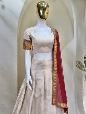 Elegance Creame Red Chex with Zari Weaving Work Poli Cotton Indian Designer Wedding Lehenga Choli 6