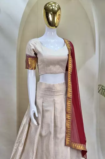 Elegance Creame Red Chex with Zari Weaving Work Poli Cotton Indian Designer Wedding Lehenga Choli