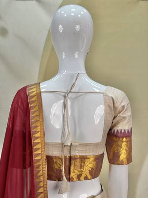 Elegance Creame Red Chex with Zari Weaving Work Poli Cotton Indian Designer Wedding Lehenga Choli 7