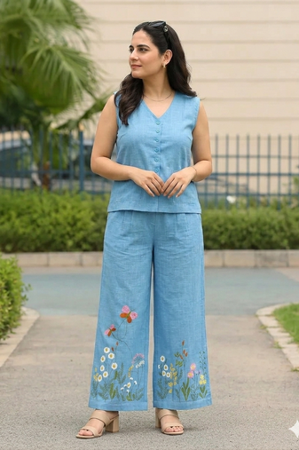 Beautiful sky blue cord set with embroidredpant