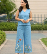 Beautiful sky blue cord set with embroidredpant