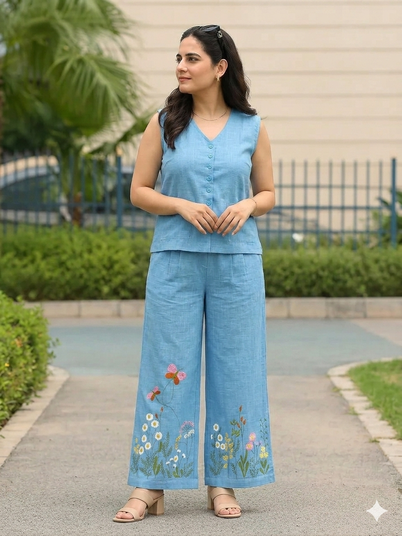 Beautiful sky blue cord set with embroidredpant