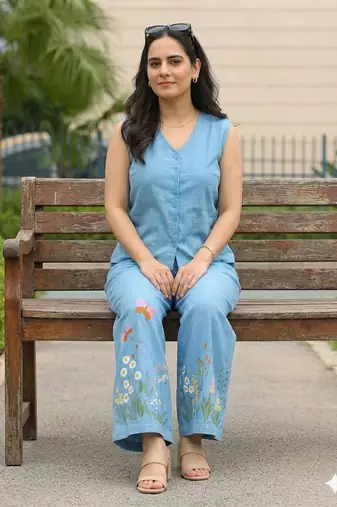 Beautiful sky blue cord set with embroidredpant
