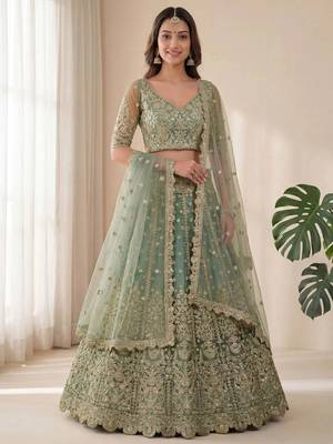 DESIGNER SILVER SKY NET FABRIC WEDDING BRIDAL LEHENGA CHOLI SEMI STITCHED 1