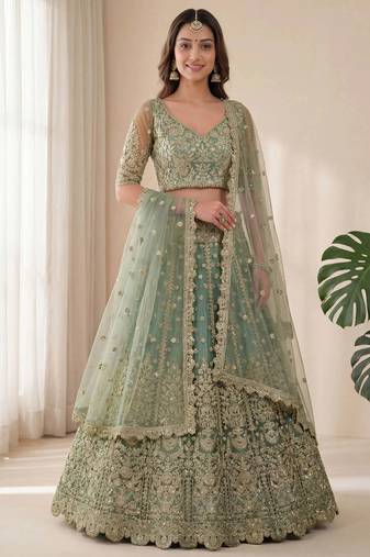 DESIGNER SILVER SKY NET FABRIC WEDDING BRIDAL LEHENGA CHOLI SEMI STITCHED