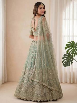 DESIGNER SILVER SKY NET FABRIC WEDDING BRIDAL LEHENGA CHOLI SEMI STITCHED 2