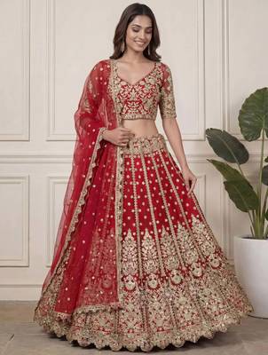 DESIGNER RED NET FABRIC WEDDING BRIDAL LEHENGA CHOLI SEMI STITCHED 1