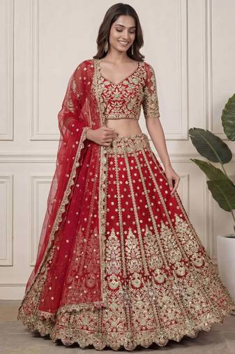 DESIGNER RED NET FABRIC WEDDING BRIDAL LEHENGA CHOLI SEMI STITCHED