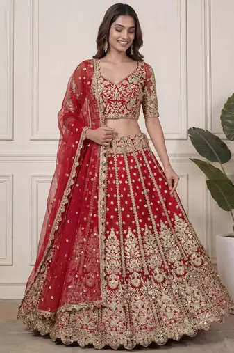 DESIGNER RED NET FABRIC WEDDING BRIDAL LEHENGA CHOLI SEMI STITCHED