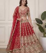 DESIGNER RED NET FABRIC WEDDING BRIDAL LEHENGA CHOLI SEMI STITCHED