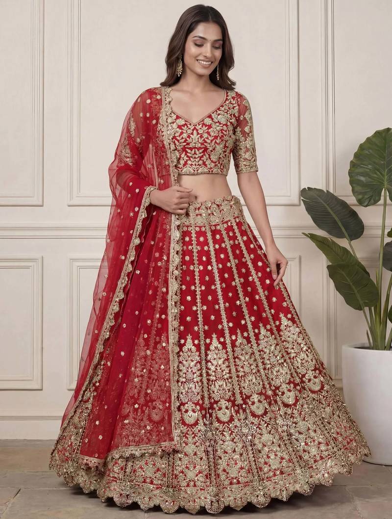 DESIGNER RED NET FABRIC WEDDING BRIDAL LEHENGA CHOLI SEMI STITCHED