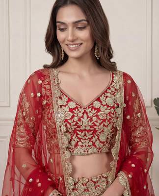 DESIGNER RED NET FABRIC WEDDING BRIDAL LEHENGA CHOLI SEMI STITCHED 3