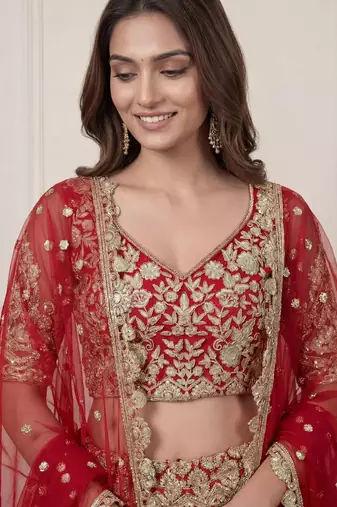 DESIGNER RED NET FABRIC WEDDING BRIDAL LEHENGA CHOLI SEMI STITCHED