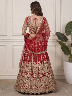 DESIGNER RED NET FABRIC WEDDING BRIDAL LEHENGA CHOLI SEMI STITCHED 4
