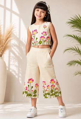 Girls cotton printed sleeveless crop top and culotte pant set 3