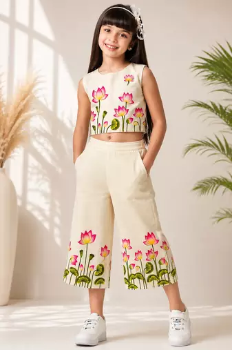 Girls cotton printed sleeveless crop top and culotte pant set