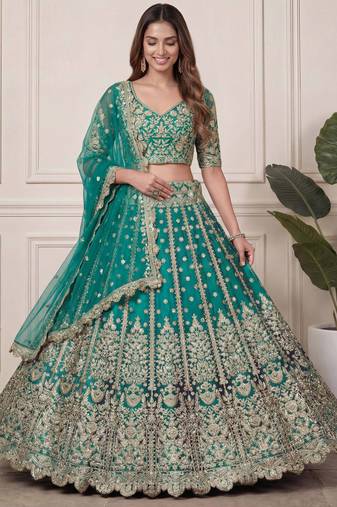 DESIGNER TEAL BLUE NET FABRIC WEDDING BRIDAL LEHENGA CHOLI SEMI STITCHED