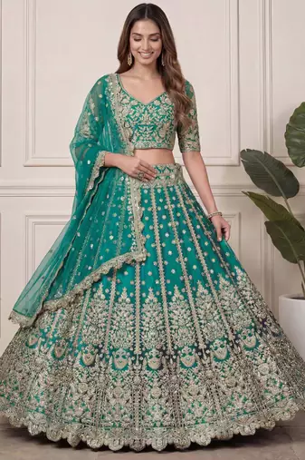 DESIGNER TEAL BLUE NET FABRIC WEDDING BRIDAL LEHENGA CHOLI SEMI STITCHED