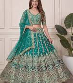 DESIGNER TEAL BLUE NET FABRIC WEDDING BRIDAL LEHENGA CHOLI SEMI STITCHED