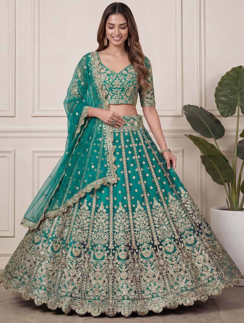DESIGNER TEAL BLUE NET FABRIC WEDDING BRIDAL LEHENGA CHOLI SEMI STITCHED