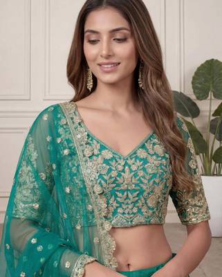 DESIGNER TEAL BLUE NET FABRIC WEDDING BRIDAL LEHENGA CHOLI SEMI STITCHED 2
