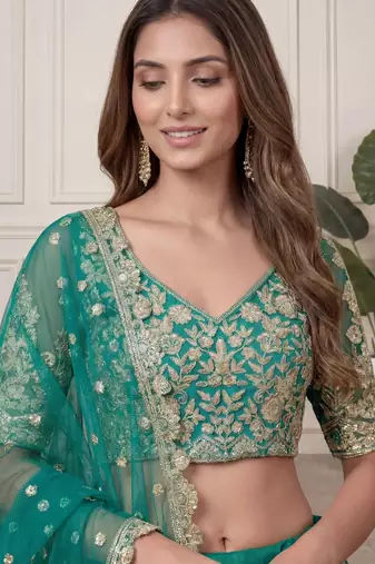 DESIGNER TEAL BLUE NET FABRIC WEDDING BRIDAL LEHENGA CHOLI SEMI STITCHED