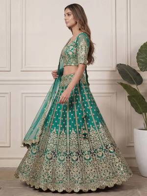 DESIGNER TEAL BLUE NET FABRIC WEDDING BRIDAL LEHENGA CHOLI SEMI STITCHED 3