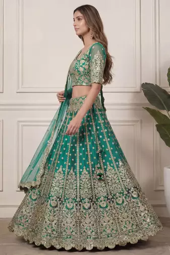 DESIGNER TEAL BLUE NET FABRIC WEDDING BRIDAL LEHENGA CHOLI SEMI STITCHED