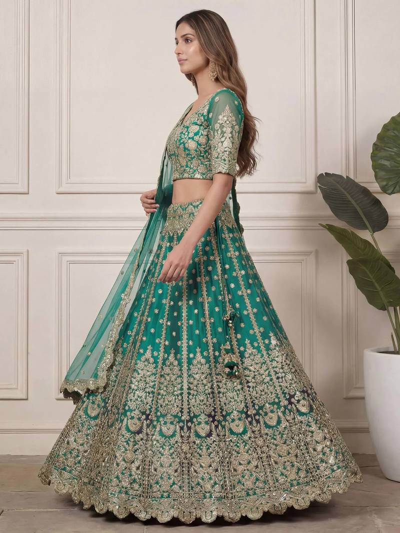 DESIGNER TEAL BLUE NET FABRIC WEDDING BRIDAL LEHENGA CHOLI SEMI STITCHED