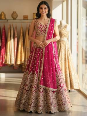 DESIGNER RANI PINK NET FABRIC WEDDING BRIDAL LEHENGA CHOLI SEMI STITCHED 1