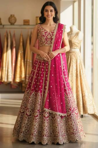 DESIGNER RANI PINK NET FABRIC WEDDING BRIDAL LEHENGA CHOLI SEMI STITCHED
