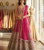 DESIGNER RANI PINK NET FABRIC WEDDING BRIDAL LEHENGA CHOLI SEMI STITCHED