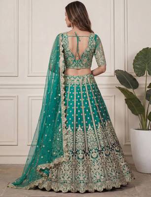 DESIGNER TEAL BLUE NET FABRIC WEDDING BRIDAL LEHENGA CHOLI SEMI STITCHED 4