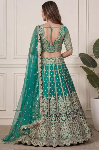 DESIGNER TEAL BLUE NET FABRIC WEDDING BRIDAL LEHENGA CHOLI SEMI STITCHED