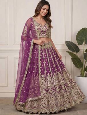 DESIGNER LAVENDER NET FABRIC WEDDING BRIDAL LEHENGA CHOLI SEMI STITCHED 1